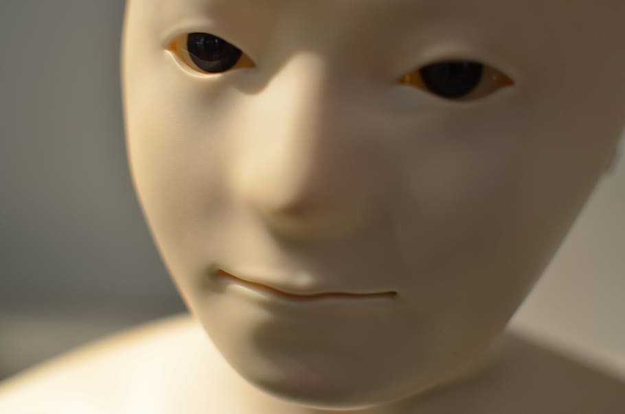 branco, boneca de rosto, fotografia, humanóide, robô, inteligência artificial, imitar, rosto humano, close-up, parte do corpo