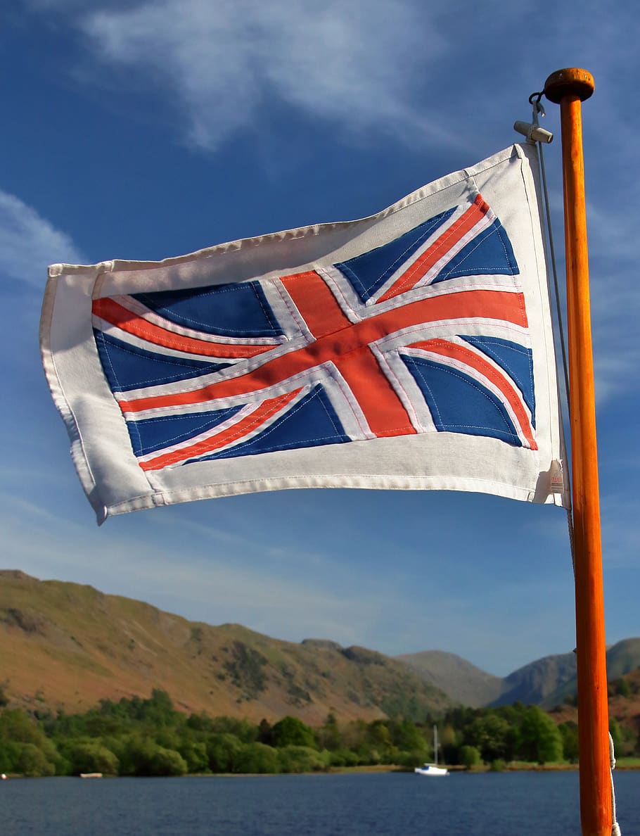Union Jack, Ullswater, Grã-Bretanha, Inglaterra, bandeira da união, bandeira, patriotismo, água, campo, Cumbria