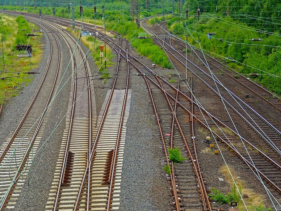 brown, train track, green, grass, daytime, railway tracks, railway rails, gleise, yield, stop signal
