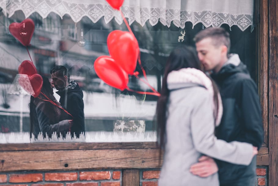 people, man, woman, couple, love, heart, reflection, balloon, kiss, jacket