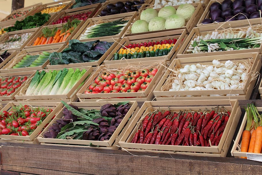 assorted, vegetables, brown, wooden, crate, variety, market, showcase, vegetable basket, eat