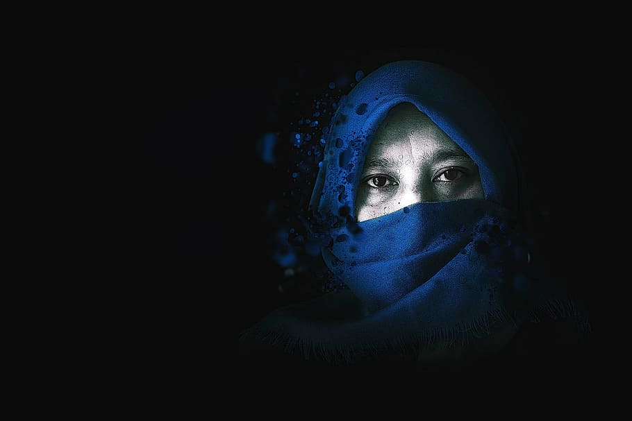 person wearing headscarf, manipulation, portrait, editing, displacement, face, blue, people, horror, monster