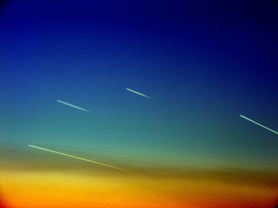 sky, planes, the streaks, yellow, comets, vapor trail, transportation, low angle view, cloud - sky, flying