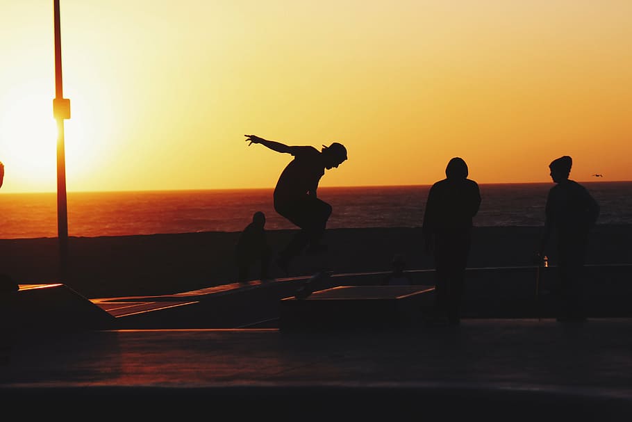 four, person silhouette, sea, golden, hour, silhouette, three, person, skateboarding, near