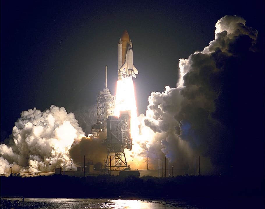 white, space shuttle, launching, platform, night time, space shuttle endeavour launch, liftoff, night, astronaut, mission