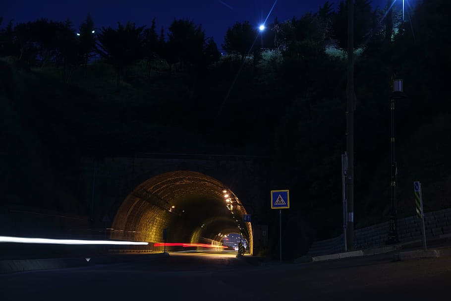 fotografi selang waktu, mobil, lalu lintas, jalan, terowongan, panjang, pencahayaan, kendaraan, pencahayaan panjang, transportasi