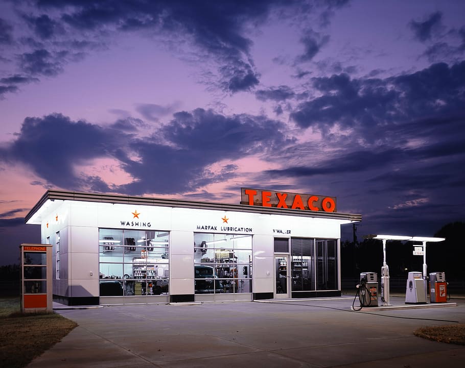 texaco gas station, dark, sky, petrol stations, workshop, garage, old, vintage, auto repair, racing stelle