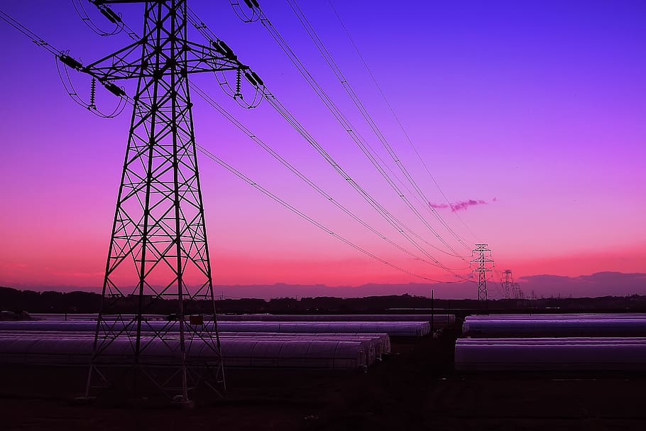 glow, scenic landscape, high-voltage lines, sky, sunset, travel, in the evening, evening glow, republic of korea, electric cable
