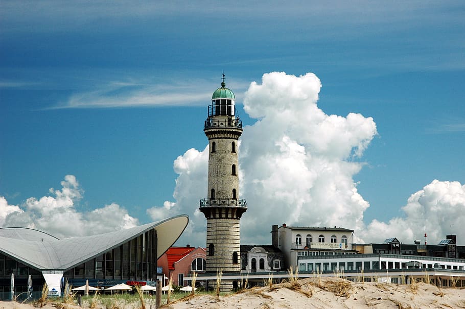 lighthouse during daytime, warnemünde, lighthouse, baltic sea, coast, northern germany, seaside resort, tower, summer, architecture