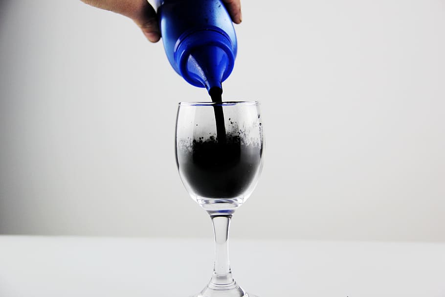 toner, glass, goblet, black, flow, pigment, drink, refreshment, one person, human hand