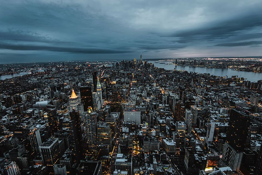 aerial, photography, city, white, sky, night time, new york city, urban, cityscape, sunset