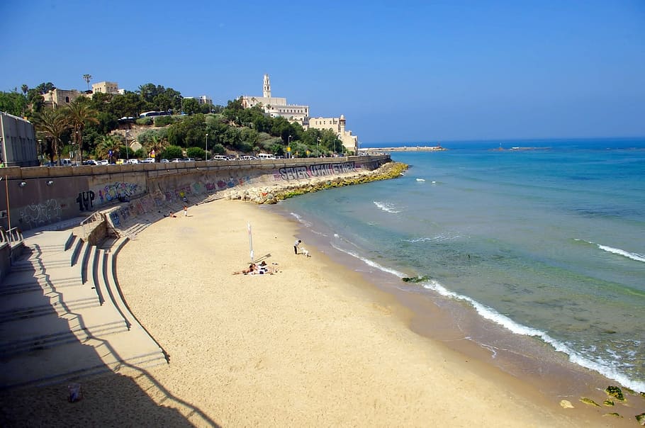 orang, duduk, garis pantai, menghadap, tubuh, air, Jaffa, Pantai, Israel, Tel-Aviv