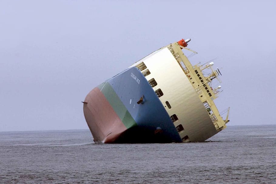 brown, green, blue, red, sinking, cruise ship, ship aground, wreck, vessel, shipwreck