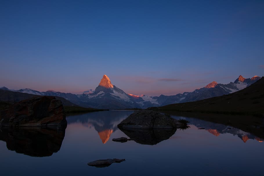 matterhorn, mountain, sunrise, alpine, landscape, zermatt, sky, valais, mountains, water