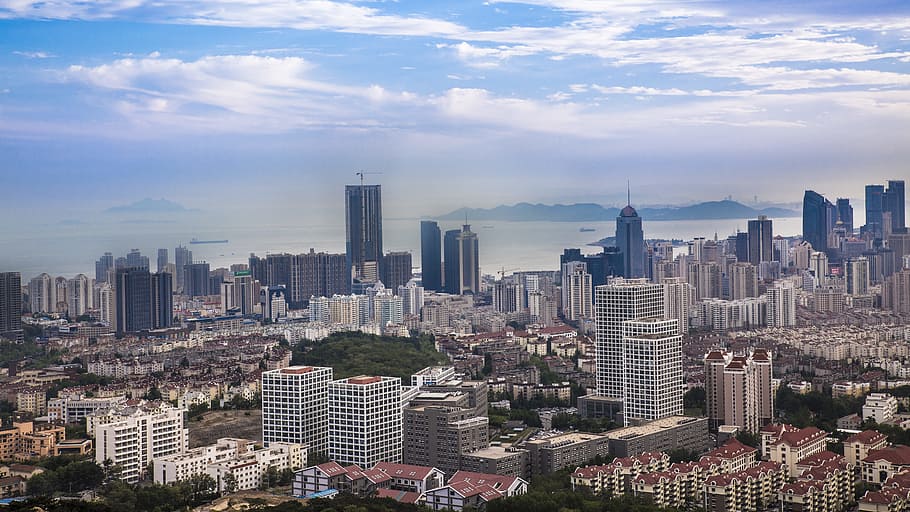 aerial, photography, mid-rise, high-rise, buildings, qingdao, the sea, beach, city, wide angle