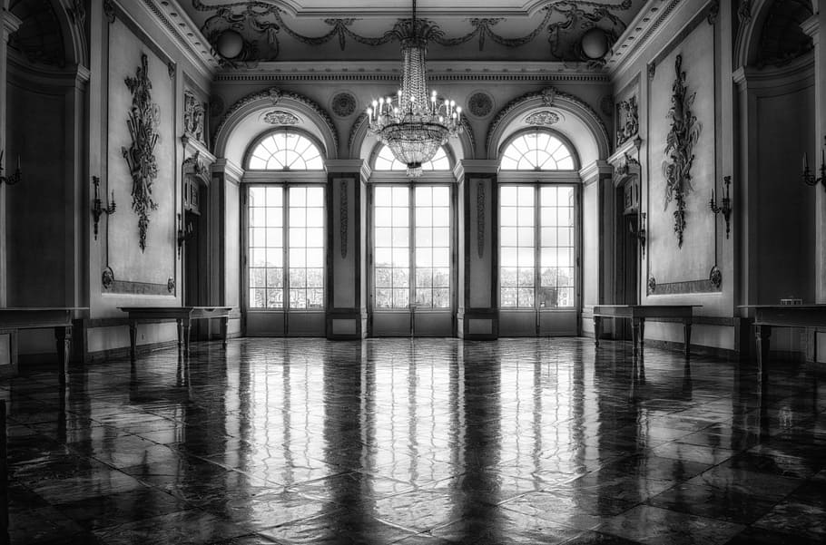 grayscale photo, empty, hall, castle, window, ballroom, splendor, historically, palatial, architecture