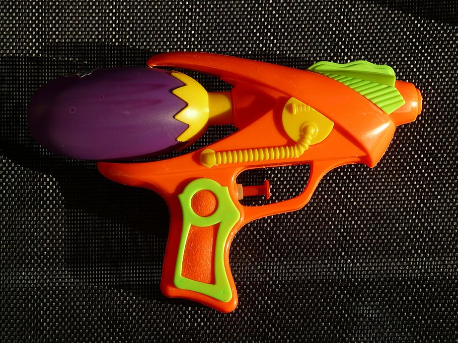 naranja, verde, púrpura, pistola de juguete, negro, superficie, pistola de agua, pistola, juguetes, niño