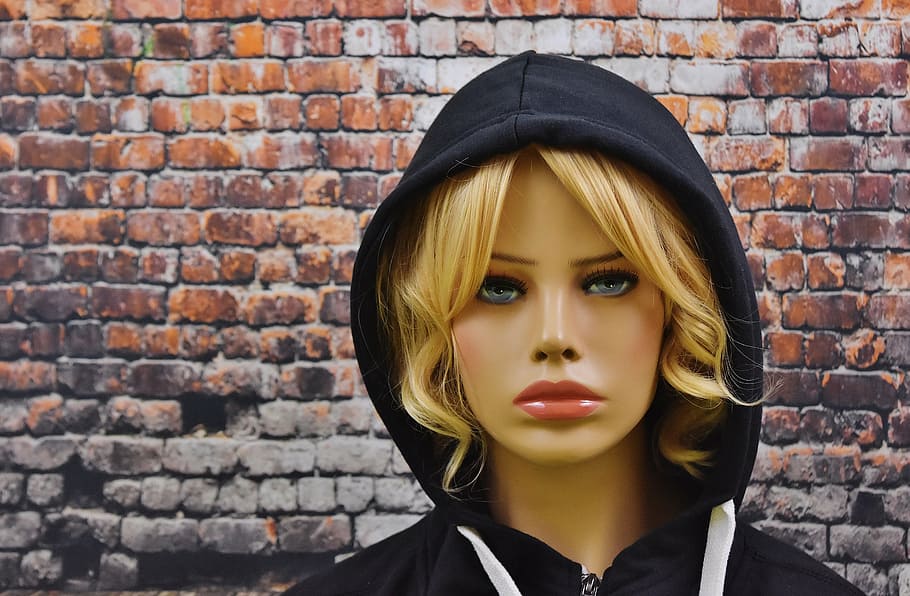 female, mannequin, wearing, black, hoodie, woman, attractive, blond, blue eye, hood