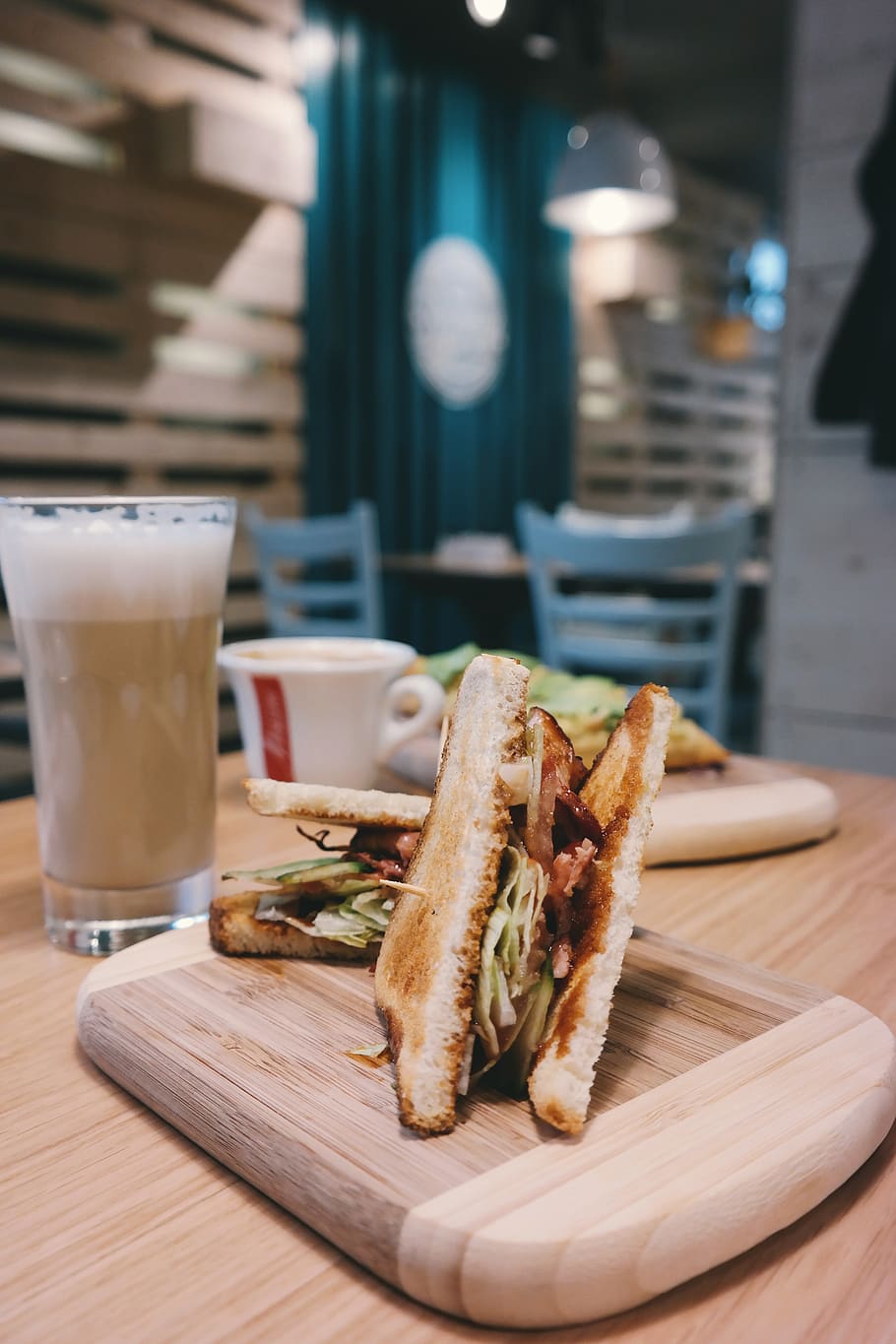 food, sandwich, coffee, wood, table, glass, cup, chairs, restaurant, delicious
