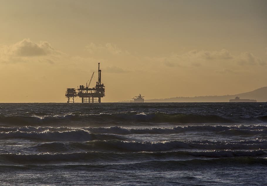 oil platform, offshore platform, oil rig, industry, ocean, sunset, sea, water, waves, dawn