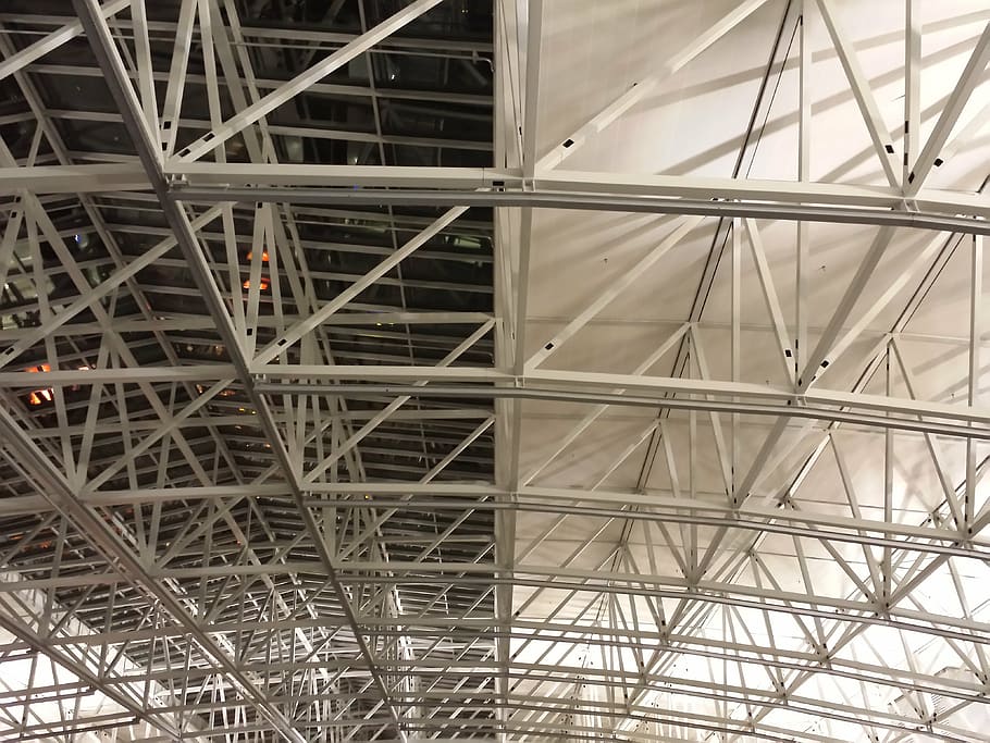 roof linkage, metal rods, scaffold, airport, frankfurt, main, built structure, architecture, low angle view, metal