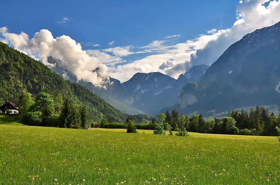 mountain range, across, green, grass field, clear, blue, sky, nature, landscape, weather mood