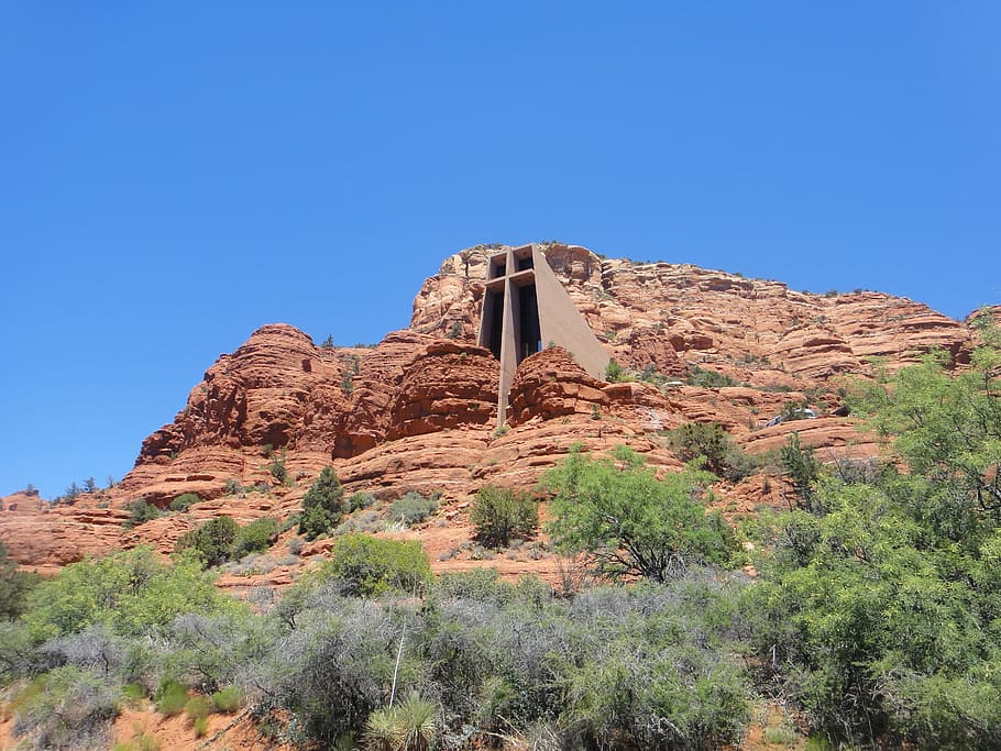 desert, travel, landscape, rock, sky, chapel of the holy cross sedona, arizona, clear sky, travel destinations, nature