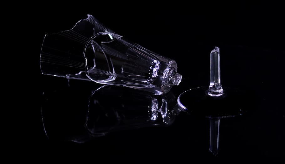 glass, champagne glass, broken glass, shard, black background, studio shot, indoors, close-up, glass - material, still life