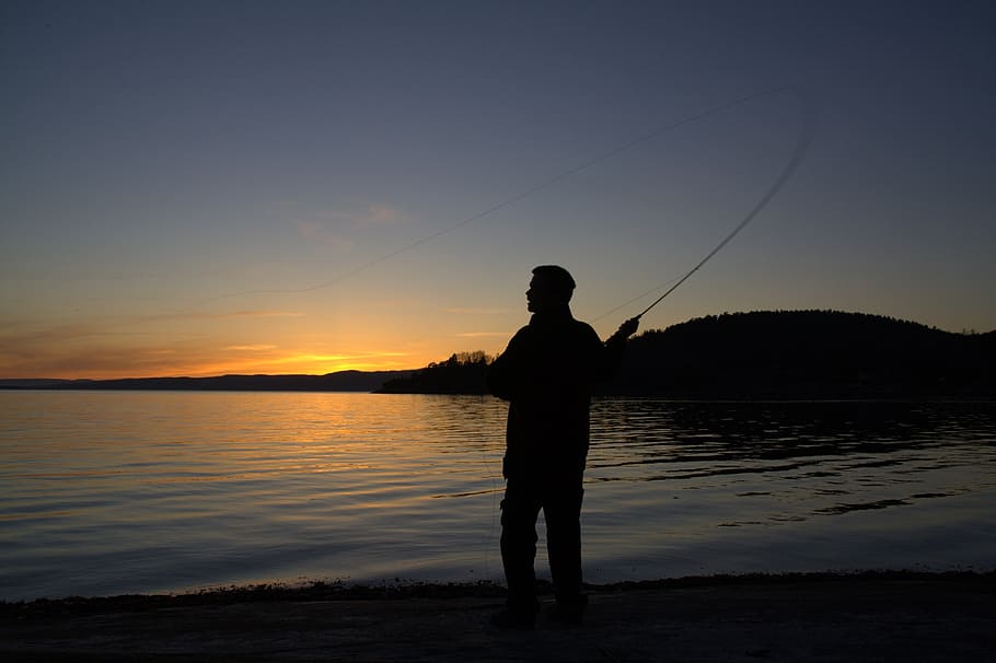 silhouette, man, holding, fishing rod, seashore, sunset, fishing, one, norway, sky