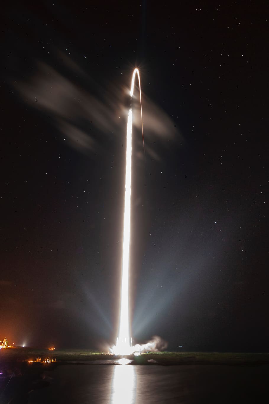 space, rocket, night, launch, liftoff, technology, science, stars, trail, water