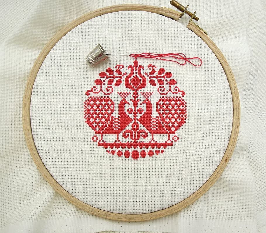 merah, putih, salib, dekorasi titch, atas, tekstil, cross stitch, bordir, pekerjaan manual, burung