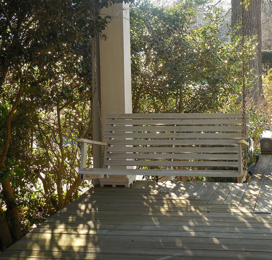 white, swing bench, surrounded, plants, Southern, Porch, Swing, House, porch, swing, architecture