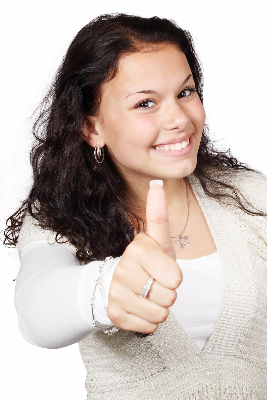 woman, white, shirt, thumbs, hand gesture, approval, female, gesture, hand, happy