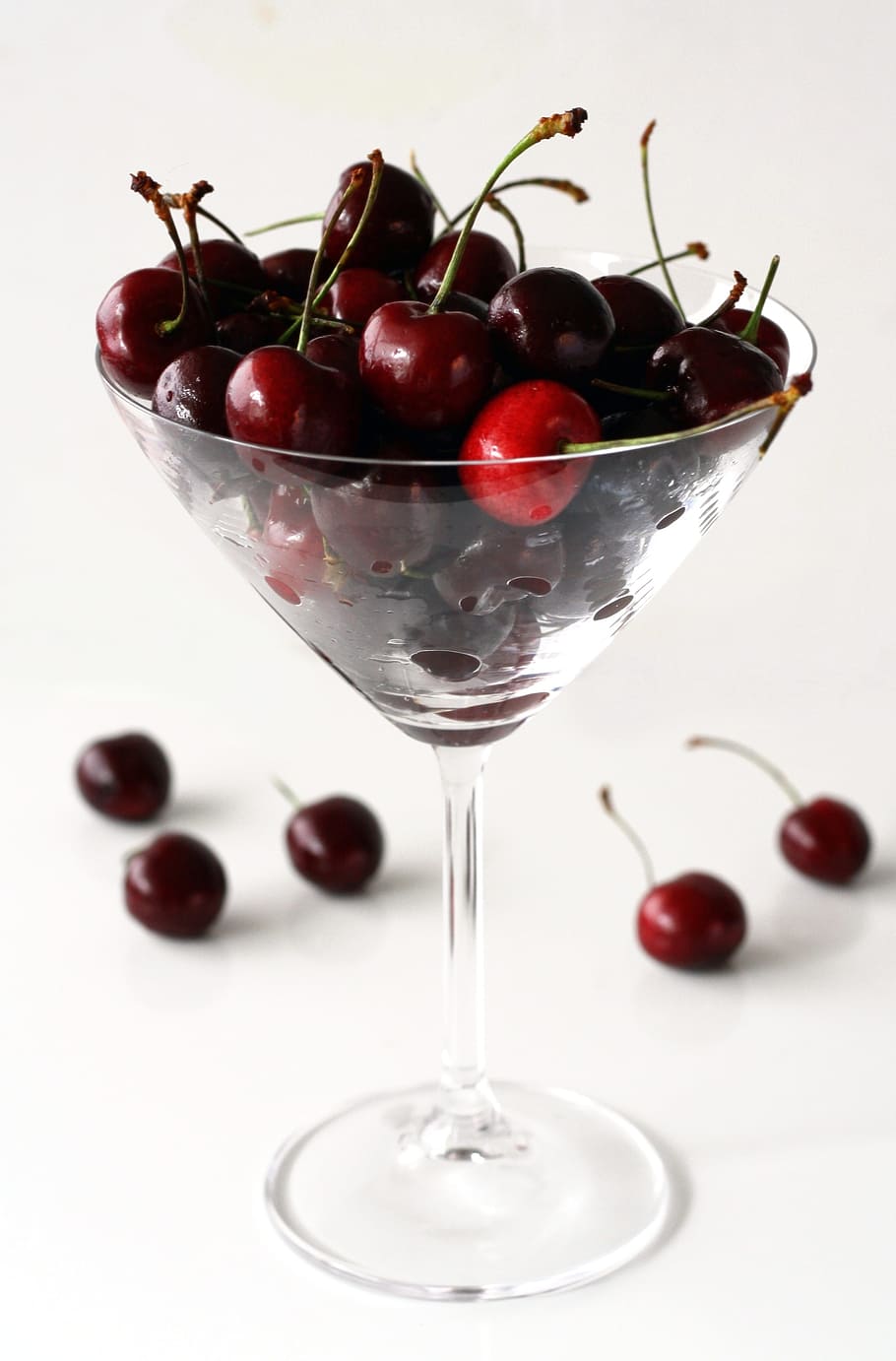 cherries, wine glass, cherry, martini glass, red, macro, food, nature, healthy, juicy