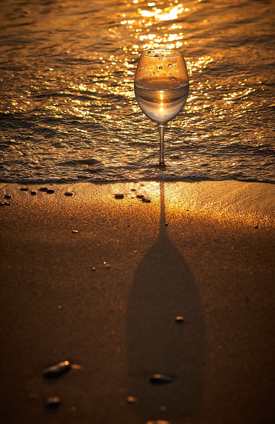 glass, goblet, sea, wave, sunrise, alcohol, drink, wine, wineglass, yellow