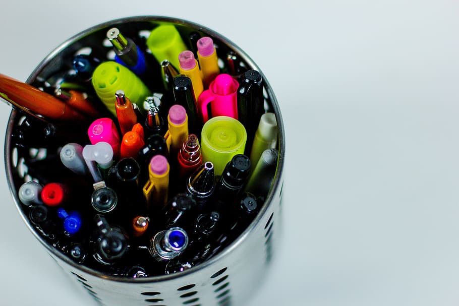 assorted-color pens, cylindrical, grey, holder, assorted, ballpoint, pens, case, pencils, stationary