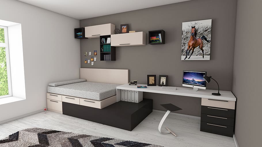 black, white, wooden, storage bed fframe, apartment, bed, bedroom, book shelve, books, carpet