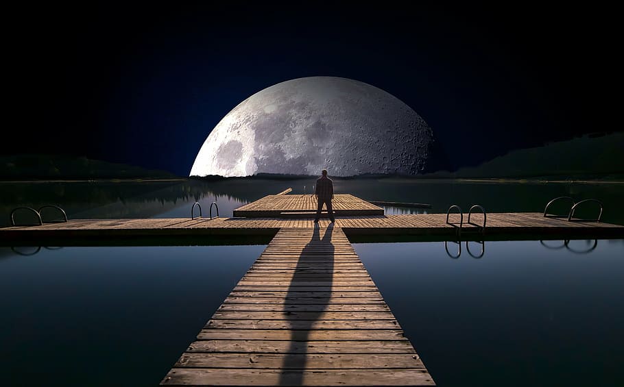 man, standing, wooden, dock, night, lake, web, full moon, water, evening