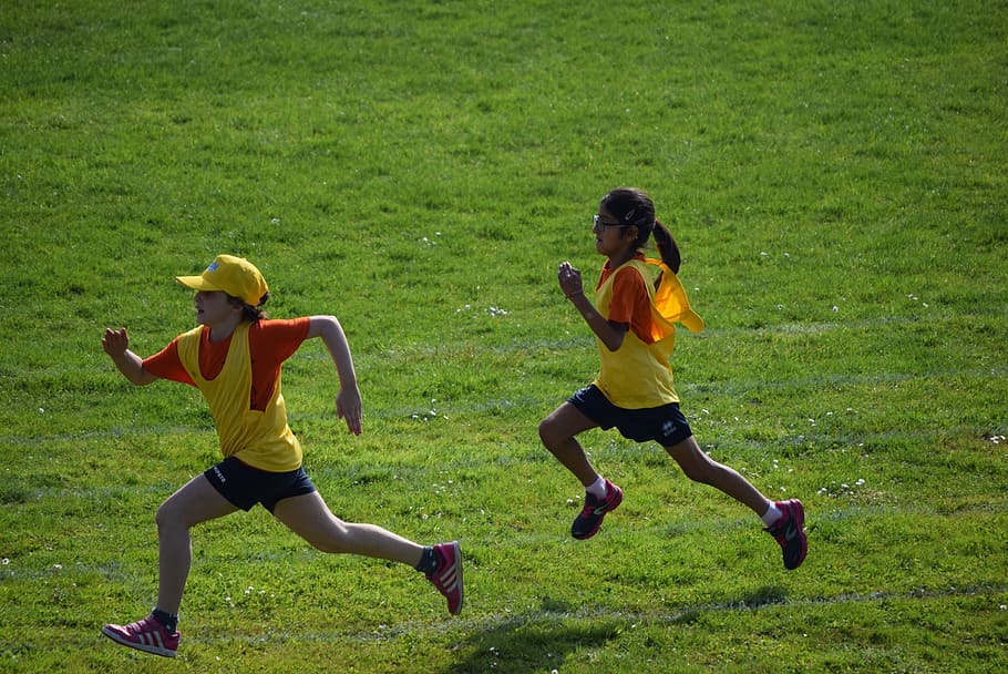 two, girls, running, green, grass field, daytime, race, children, competition, speed