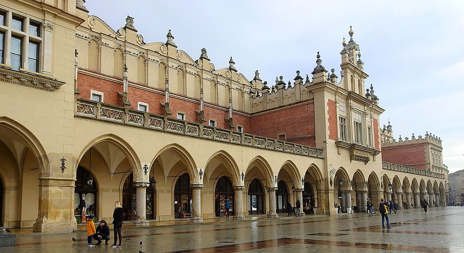 Cracóvia, pano salão sukiennice, polônia, o mercado, arquitetura, história, estrutura construída, exterior do edifício, arco, construção
