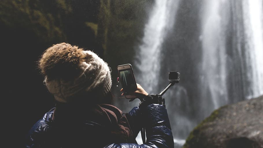 people, girl, alone, capture, camera, phone, photography, waterfalls, nature, one person