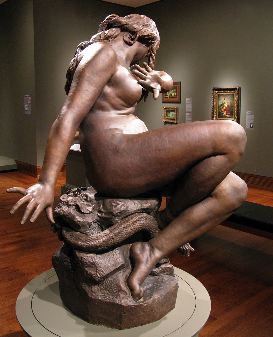 víspera, estatua, escultura, biblia, mujer desnuda, tormento, eden, pecado, bronce, arte