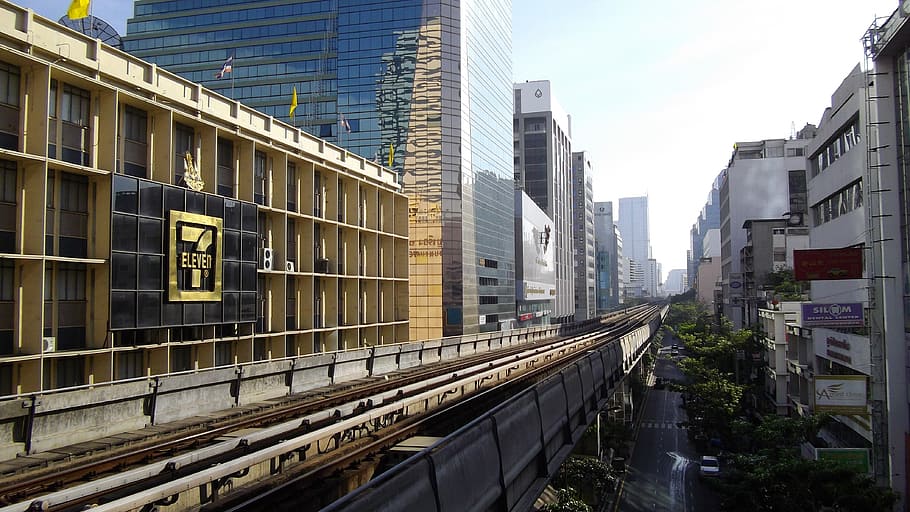 7, sebelas, bagian depan perusahaan, Thailand, Bangkok, Skytrain, Downtown, kota, eksterior bangunan, arsitektur