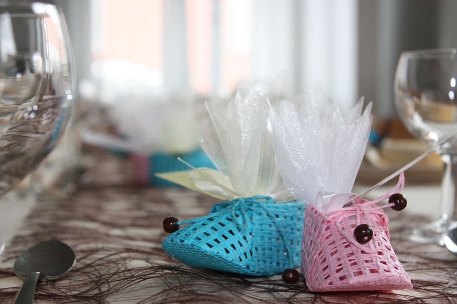 two, unpaired, blue, pink, knitted, shoes, Slippers, Baptism, Festival, Candy
