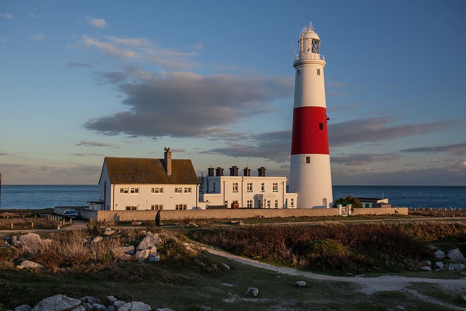 portland, Lighthouse, Dorset, England, nature, clouds, coast, ocean, sea, sky