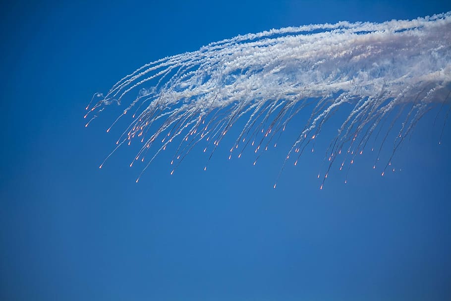 Trace, Missiles, Shot, Volley, trace of missiles, aviation, sky, blue sky, height, blue