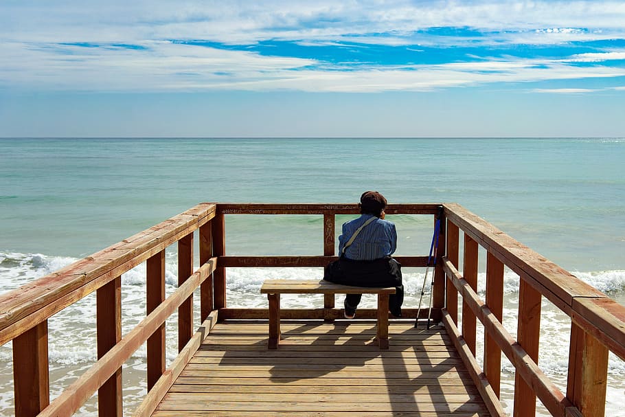 girl, sitting, bench, looking, ocean, sea, senior citizen, sky, water, outdoors