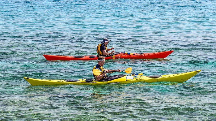 two, person, riding, kayaks, body, water, daytime, canoe kayak, sport, kayaking