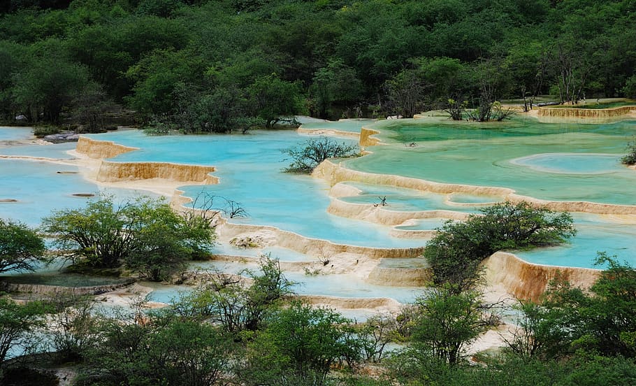 the yellow dragon, five color pool, the scenery, water, plant, tree ...