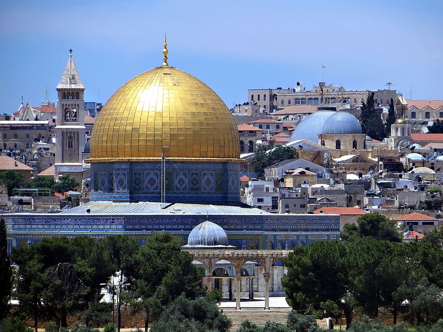 closeup, photography, blue, gold mosque, Jerusalem, Gold, Dome, Religion, Holy, gold, dome